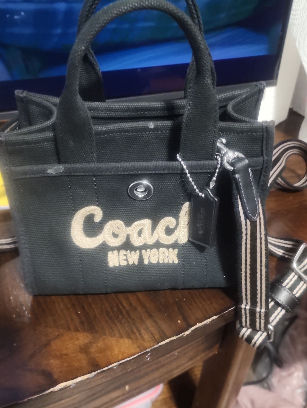 Coach Black Canvas Mini Messenger with Beige Logo and Stripe Strap